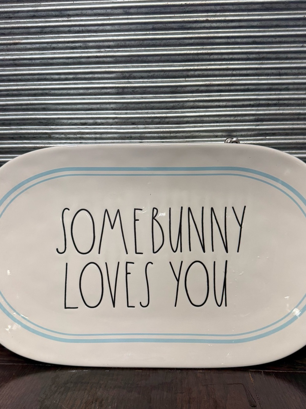 Rae Dunn Somebunny Loves You Ceramic Platter - White with Light Blue Trim
